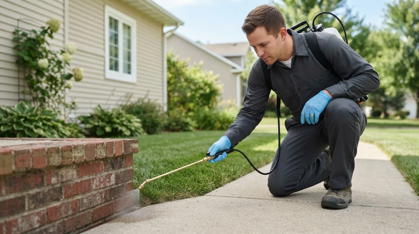 Pest control technician treating a home near Hanna City, IL