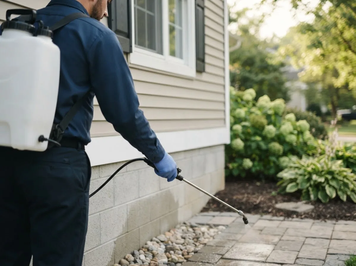 Pest control technician inspecting a home in Hanna City, IL